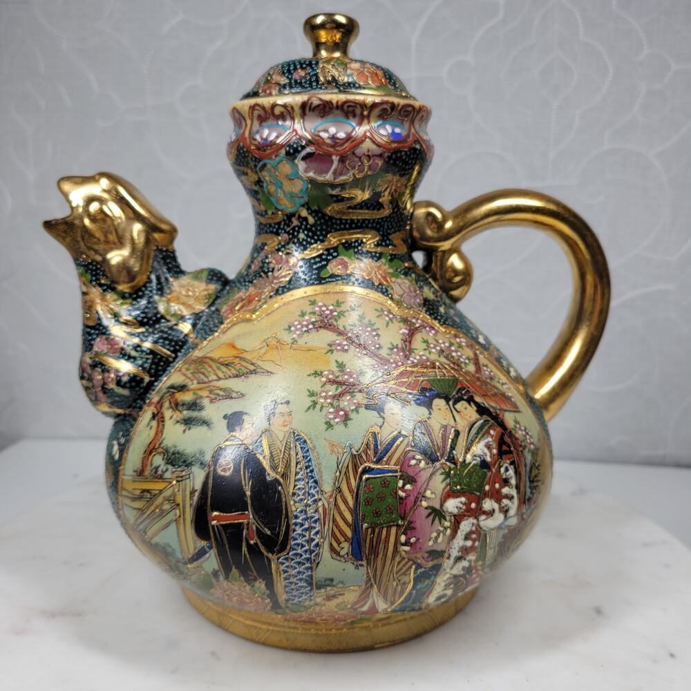 Vintage Royal Satsuma Tea Pot 9.5" Gold Hand Painted Textured Dragon Head Spout